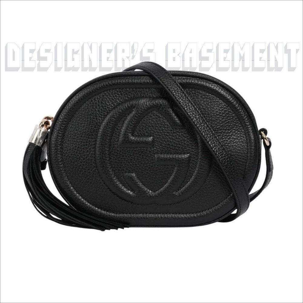 GUCCI black Pebble Calf Oval SOHO Interlocking G Crossbody bamboo Tassel bag NIB
